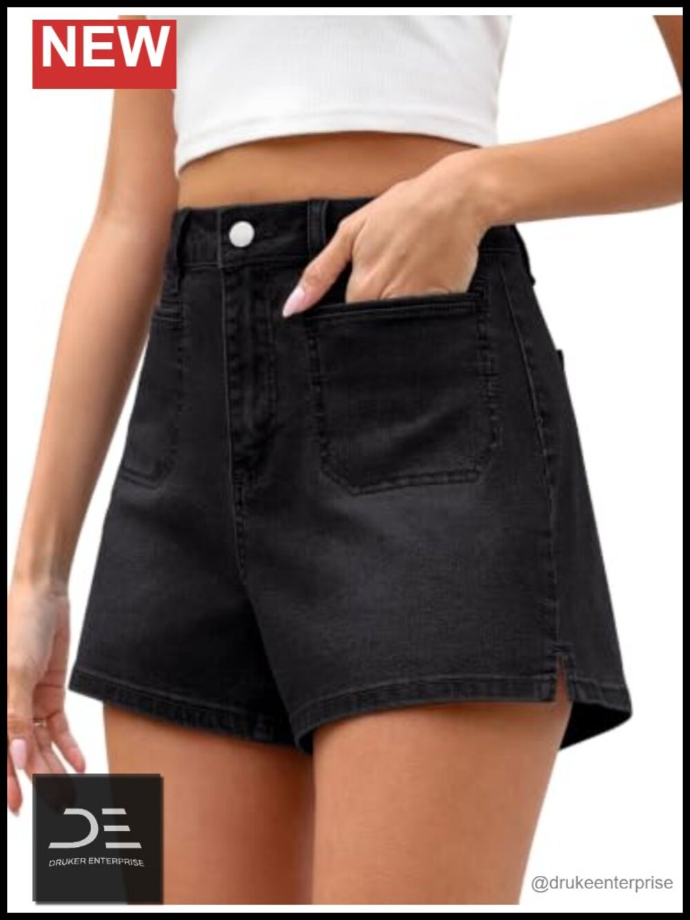 High Waisted Denim Shorts with Pockets, Stretchy Fabric, 4 Inch Inseam